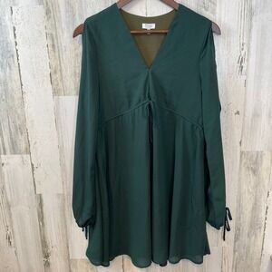 Tobi Women's Green Long Sleeve Babydoll Tunic Dress Flowy Boho Tie‎ Waist Size L